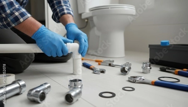 Fototapeta Plumber Installing Toilet Flange in a Modern Bathroom with Plumbing Tools and Components