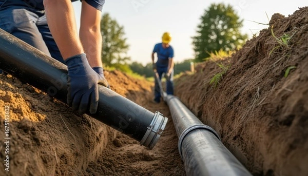 Fototapeta Construction Workers Installing Large Underground Pipes in a Trench During Daylight