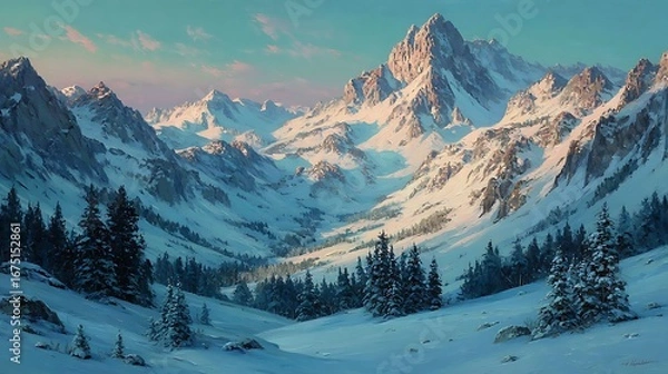 Fototapeta Snow - Capped Mountain Landscape with Pine Trees, Isolated Background for Copy Space