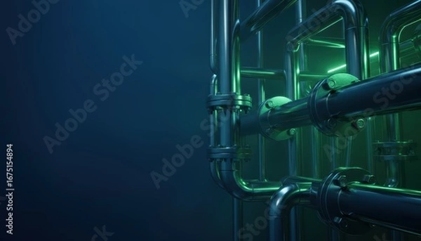 Fototapeta Futuristic industrial piping system with illuminated green accents in dark environment