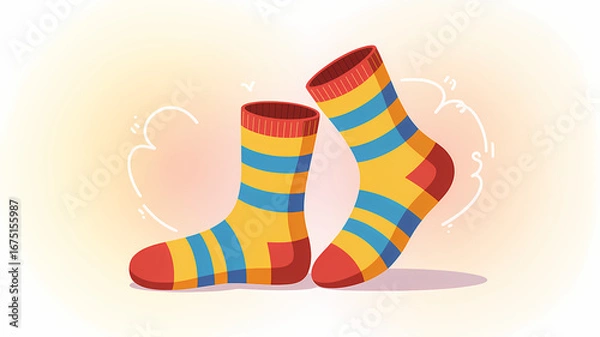 Fototapeta Playful and colorful striped socks in a modern flat art style, conveying comfort and warmth.