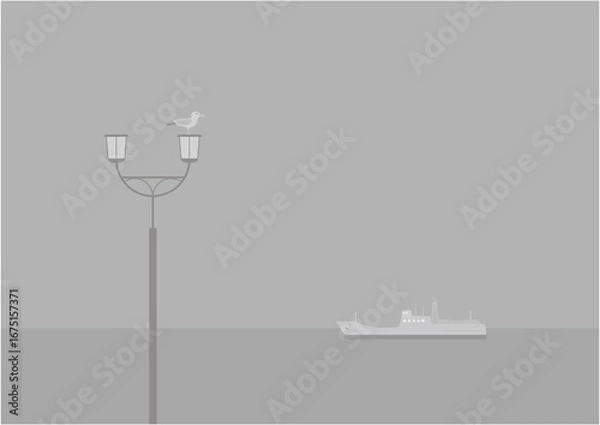 Obraz 霧雨とカモメと水平線モノクロのイラスト