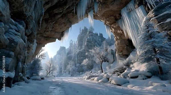 Fototapeta Winter Landscape with Ice - covered Cave, Icicles and Snow - laden Trees, Isolated Background 