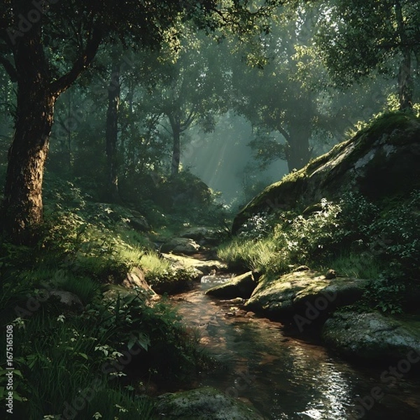Fototapeta Lush Forest with Sunbeams and Stream - Isolated Nature Background for Copy Space
