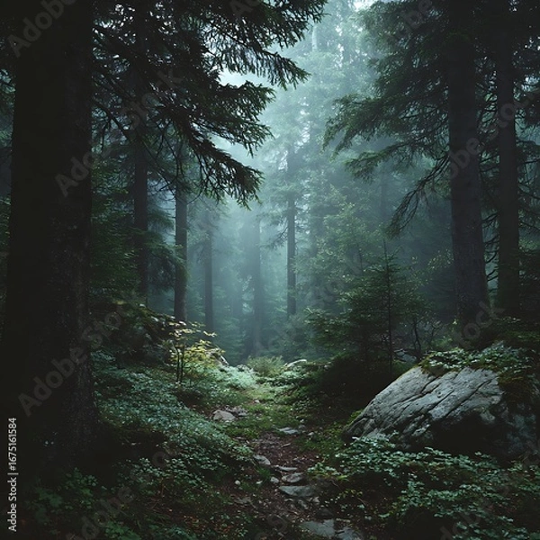 Fototapeta Misty Forest Pathway with Isolated Greenery Background for Copy Space