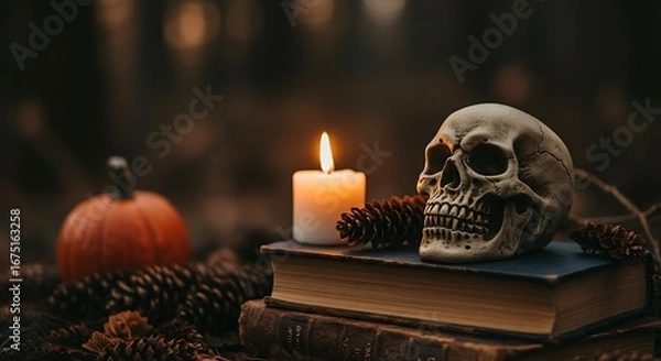 Fototapeta A halloween scene with a skull on books, a candle, a pumpkin and pine cones in a dark setting