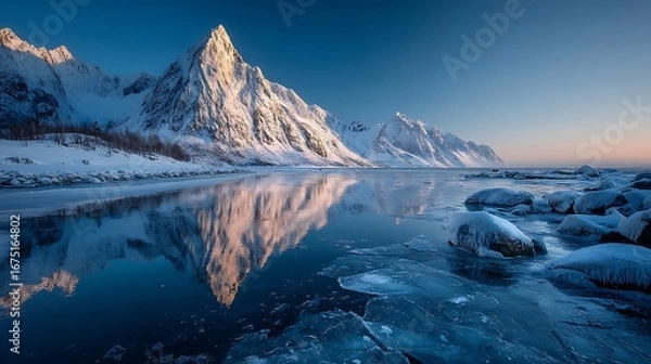 Fototapeta Snow - Capped Mountains with Reflections on Icy Water - Isolated Background for Copy Space