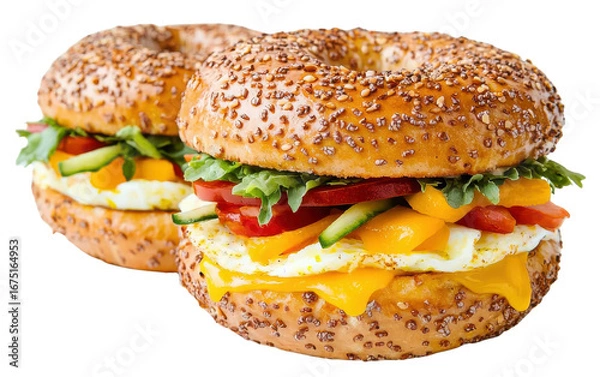 Fototapeta Two sesame seed bagels filled with egg, cheese, vegetables, and arugula transparent background