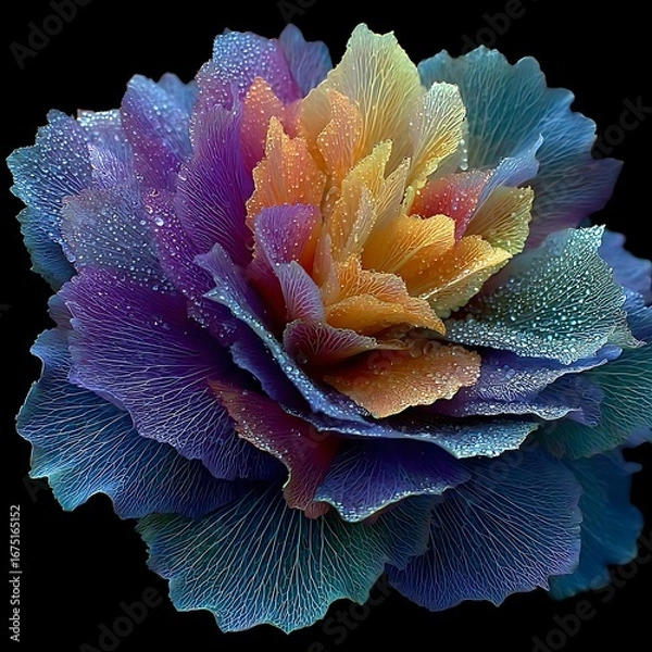 Fototapeta Colorful Flower with Dew Drops on Isolated Black Background for Copy Space and Design Use 