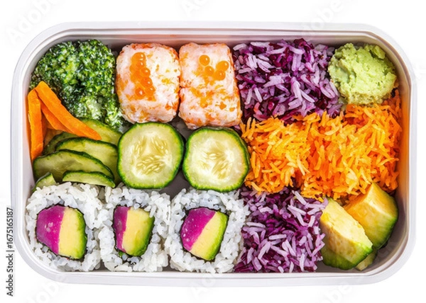 Fototapeta colorful bento box with sushi rolls, vegetables, and rice on transparent background
