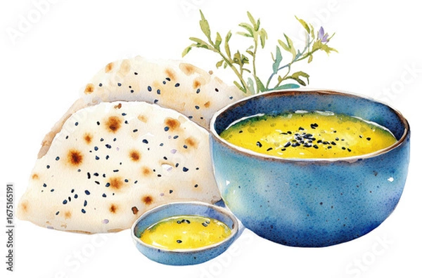 Fototapeta Flatbread and lentil soup with herbs on transparent background