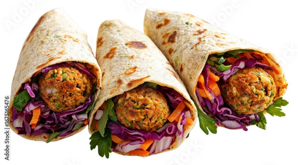 Fototapeta Three delicious falafel wraps with vibrant vegetables on transparent background