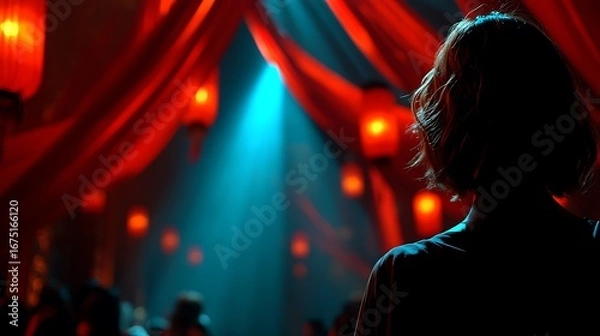 Fototapeta Back View of Person at Event with Red Drapery and Lanterns, Blue - Lit Background