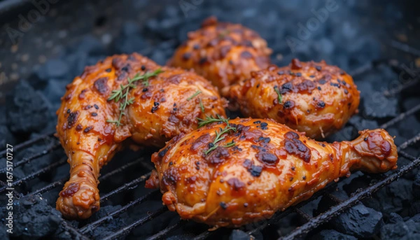 Obraz Juicy grilled chicken thighs with peppery crust on a hot grill, 4K and HD