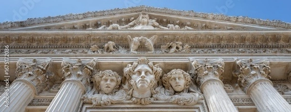 Obraz Architectural Detail Of An Ancient Temple Showing Stone Carvings And Columns Against A Blue Sky