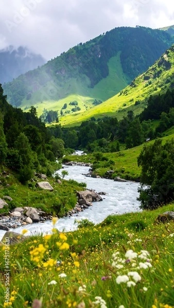 Fototapeta Alpine River Valley Scenery