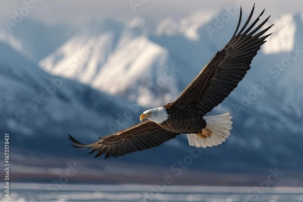 Obraz Majestic Bald Eagle Soaring Over Snow Capped Mountains in Winter Blue Skies in the Background Pixelated Effect