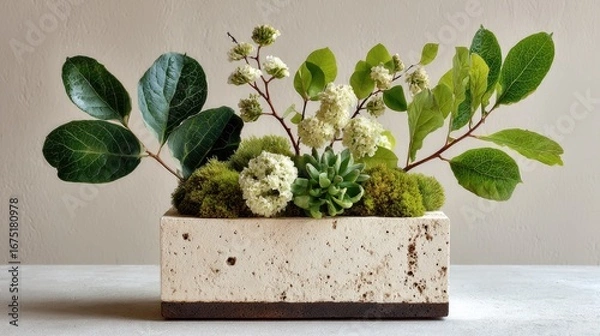 Obraz Light beige rectangular planter with greenery and small white flowers