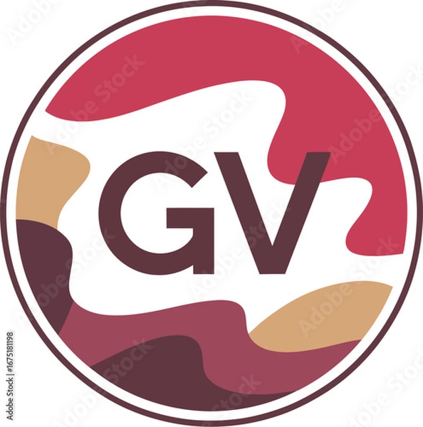 Fototapeta A circular emblem featuring the letters gv in a bold font surrounded by abstract shapes and colors