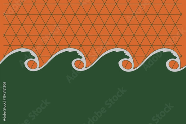 Fototapeta A stylized illustration featuring green waves with white crests against an orange triangle background