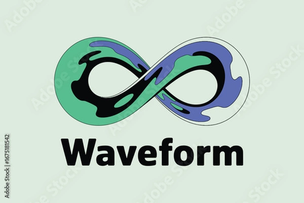 Fototapeta A stylized infinity symbol with green, blue, and black fills, positioned above the word waveform