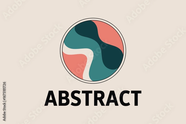 Fototapeta A circular abstract design with flowing shapes in teal pink and white on a beige background