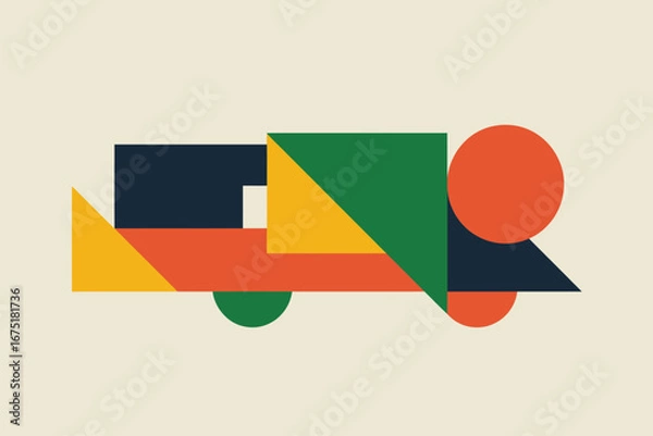 Fototapeta A geometric composition featuring circles, triangles, squares, and rectangles in various colors