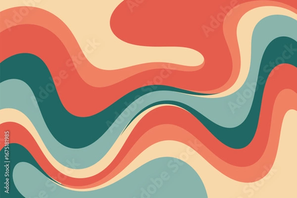 Fototapeta Abstract wavy background with teal, orange, and cream colors creating a retro aesthetic design