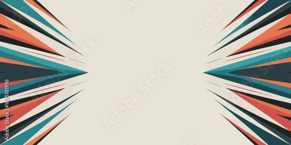 Fototapeta Abstract background featuring symmetrical converging lines in teal orange and black on cream backdrop