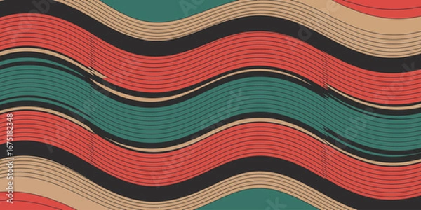 Fototapeta A wavy pattern with alternating bands of red, green, black, and beige, with thin black lines overlaying