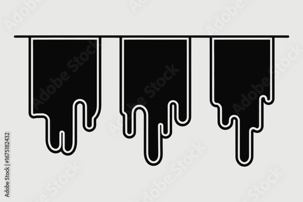 Fototapeta Three black dripping shapes hanging from a line with white outlines on a light gray background