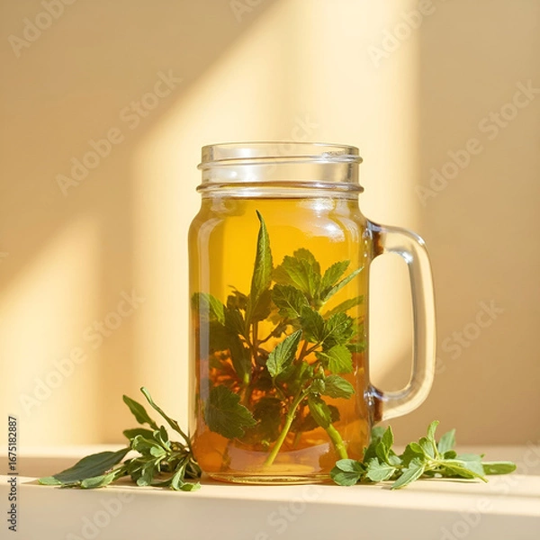 Obraz Herbal Infusion in Mason Jar with Sunbeam Shadow on Beige Background