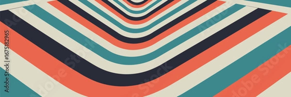 Fototapeta Abstract retro background with curved stripes in teal, coral, navy, and cream creating a wavy pattern
