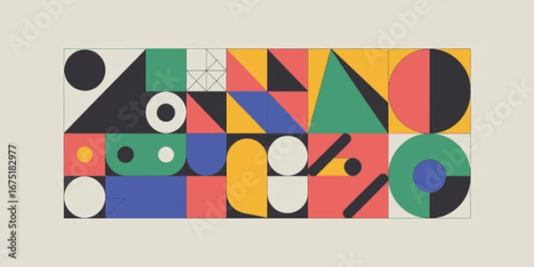 Fototapeta Geometric composition featuring squares, circles, triangles, and rectangles in various colors