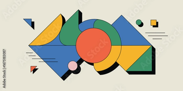 Fototapeta Geometric composition featuring triangles circles and squares in shades of blue green yellow and red