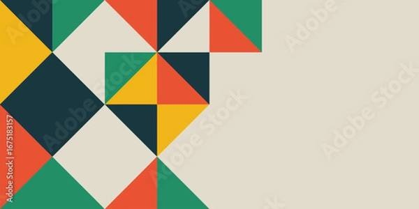 Fototapeta Abstract geometric pattern featuring triangles and squares in various colors against a neutral background