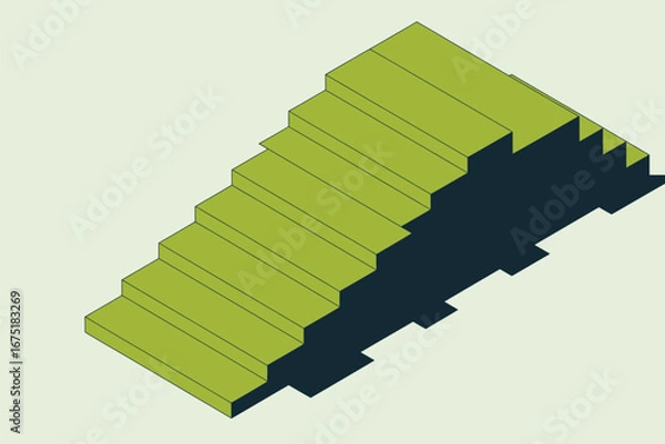 Fototapeta Isometric illustration of a green staircase ascending diagonally with a dark blue shadow cast on it