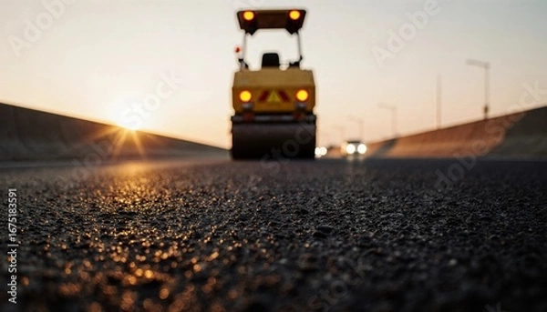Fototapeta Yellow road roller compacting fresh asphalt on a new highway at sunset, symbolizing infrastructure development and progress.