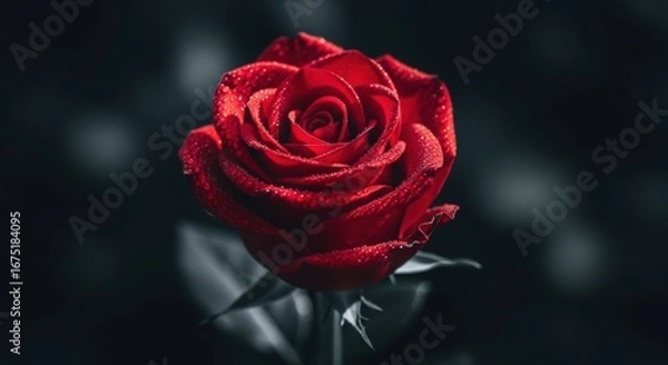 Fototapeta A vibrant red rose with dew drops, captured in a moody, low-key lighting style, cinematic, deep shadows, rich colors