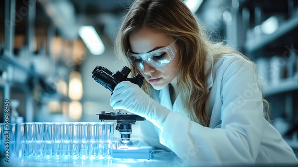Fototapeta A scientist woman working hard to learn new things in a science lab. Exploring and finding out cool stuff using science tools. Generative AI.