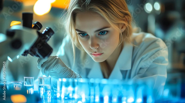Fototapeta A scientist woman working hard to learn new things in a science lab. Exploring and finding out cool stuff using science tools. Generative AI.