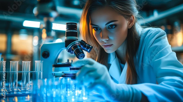 Fototapeta A scientist woman working hard to learn new things in a science lab. Exploring and finding out cool stuff using science tools. Generative AI.