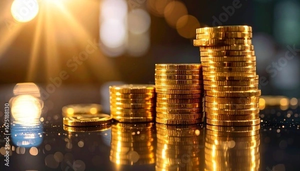 Obraz Golden coins stacked in ascending order, reflecting in a dark surface, with a sunburst effect in the background.