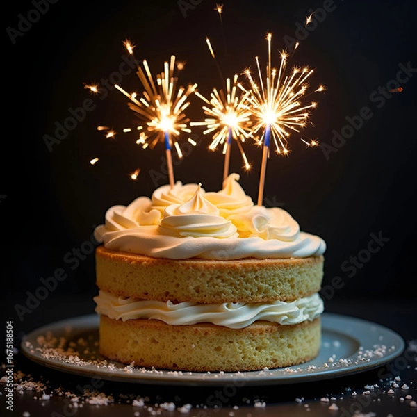 Fototapeta Two Layered Vanilla Cake with Cream Frosting and Sparklers on a Dark Background