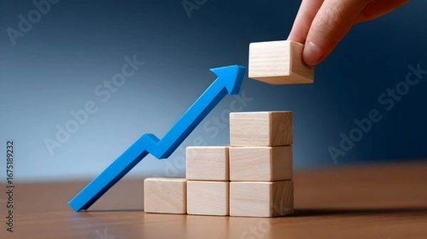 Fototapeta Hands arranging wooden blocks into a growing graph shape.