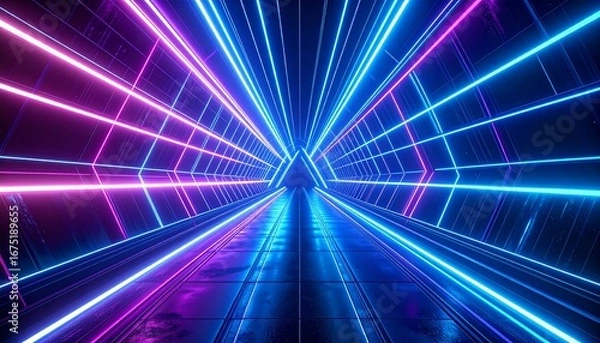 Fototapeta Futuristic tunnel with neon lights converging towards a central triangular point, creating an abstract design.
