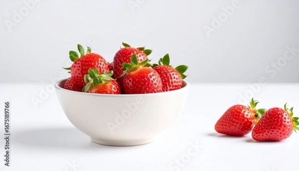 Fototapeta Fresh, ripe strawberries displayed in a white bowl, with some scattered nearby on a white surface.