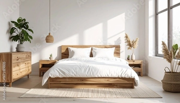 Fototapeta Bright, minimalist bedroom with a wooden bed, white linens, bedside tables, dresser, plants, and natural light streaming through a large window.