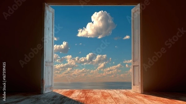 Obraz Open doors reveal a vast sky filled with fluffy clouds.