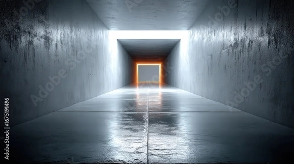 Obraz Abstract concrete tunnel illuminated by bright light.